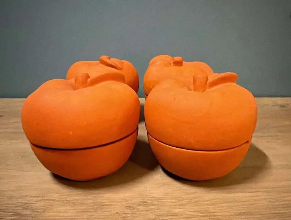 Terracotta Apple Shaped Baking Dishes with Green Glazed Interior Set of 4